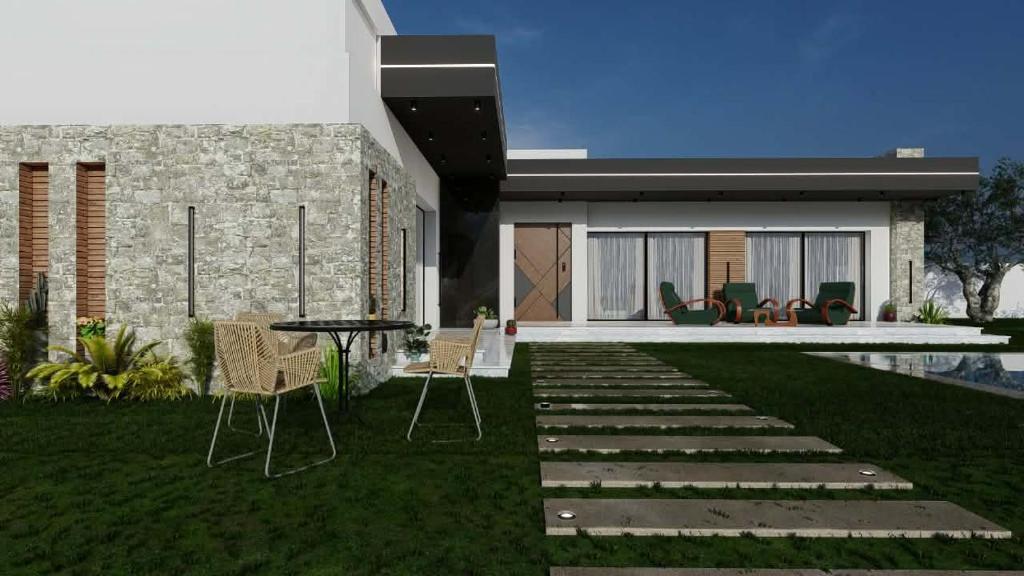 a rendering of a house with a backyard with a table and chairs at Elin house in Hammamet