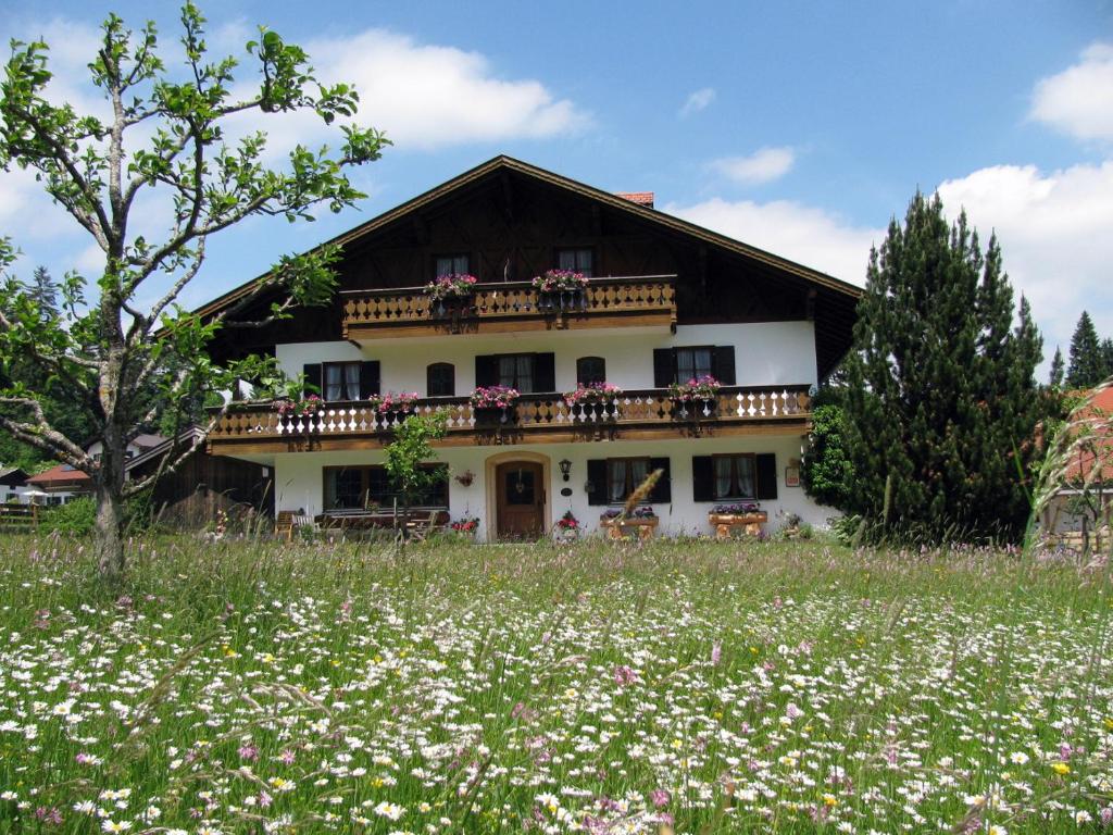 a house in a field with flowers in front at Zoberhof - Ferienhof zum Zoberbauer in Oberammergau