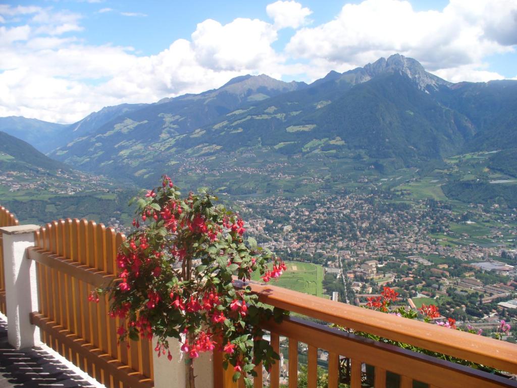 a balcony with a bunch of red flowers on it at Eichmannhof in Marlengo