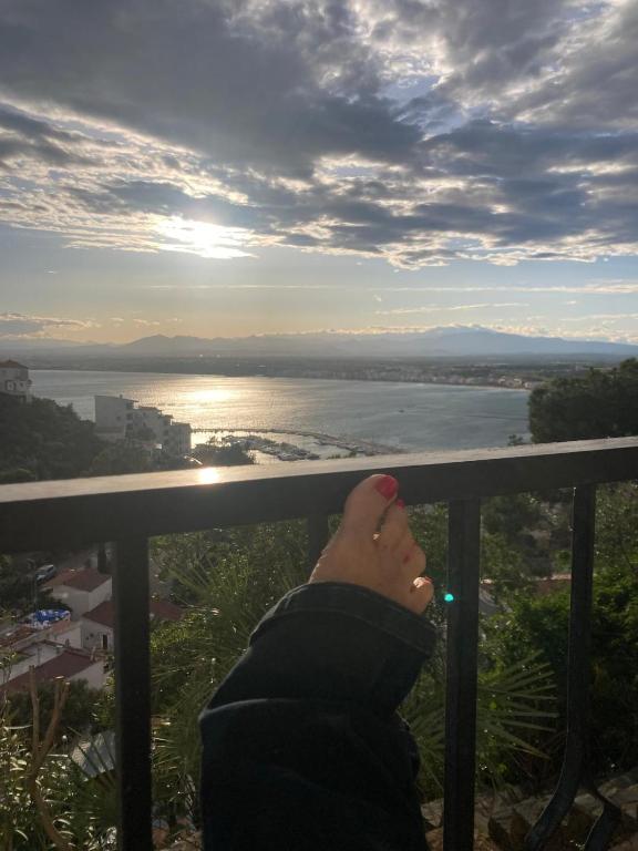 a person sitting on a balcony looking at the water at Puig Rom Pau Vila in Roses