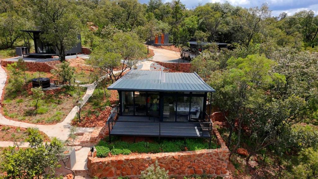 an overhead view of a building in a garden at Lazy Hill Eco Lodge in Warmbaths