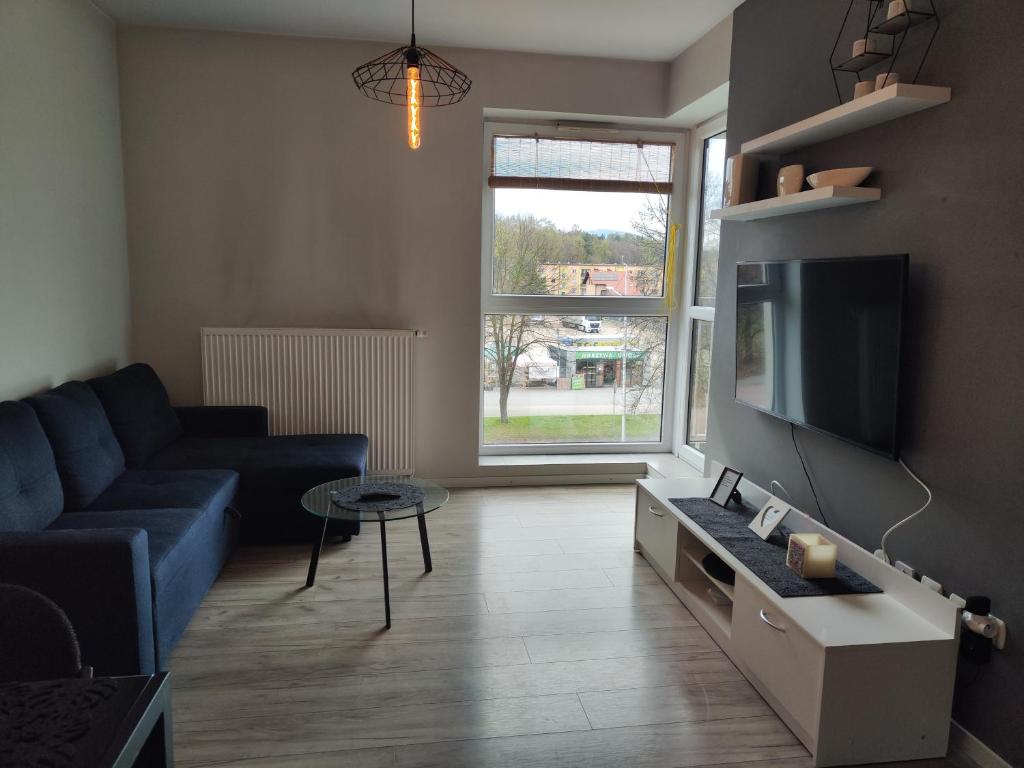 a living room with a blue couch and a tv at Apartament Ela in Żywiec
