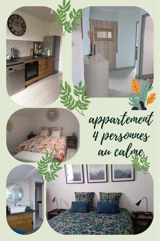 a collage of four pictures of a bedroom at appartement cosy parking privé in Chazey-sur-Ain