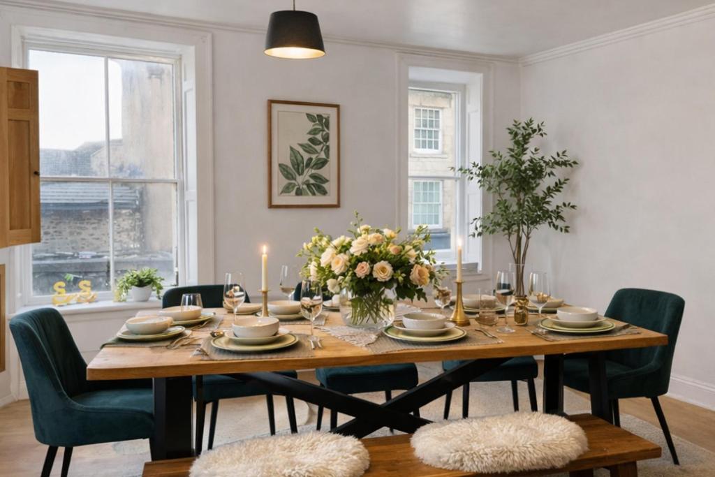 a dining room with a table with flowers and candles at The Joseph Cosy at Lancaster in Lancaster