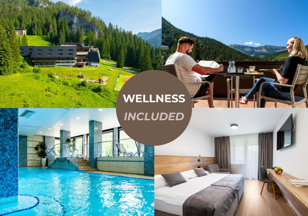 a collage of pictures of a hotel with the words wellness included at Wellness Hotel Repiska in Belá