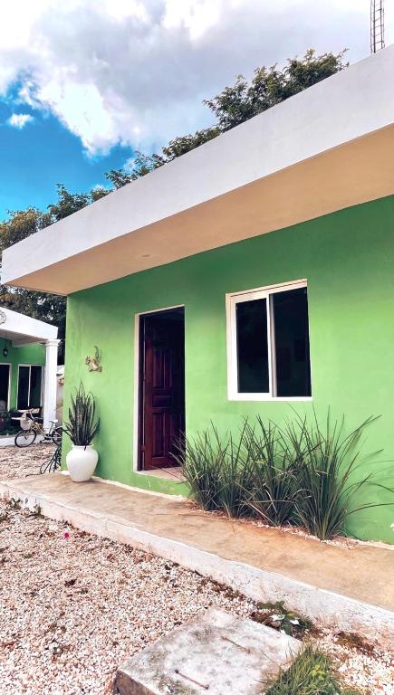 a green house with a door in front of it at Martha Cozy Apartments 2 in Valladolid