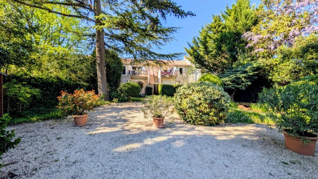 a garden with potted plants and trees and a house at Le jardin Provençal in Saint-Saturnin-lès-Avignon