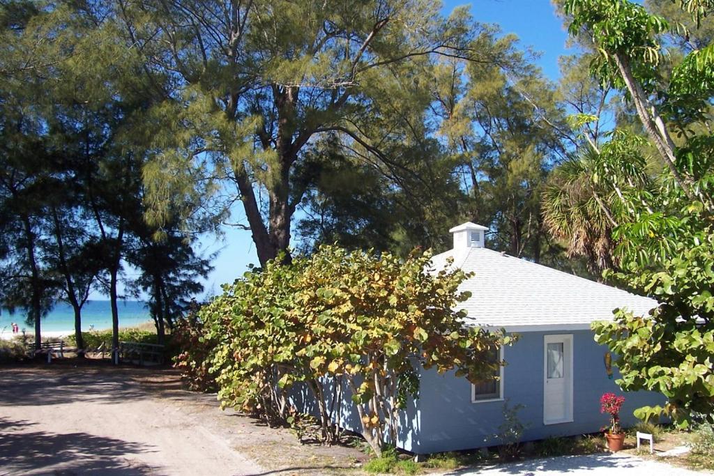 a small blue house in front of some trees at Bamboo Apartments in Holmes Beach