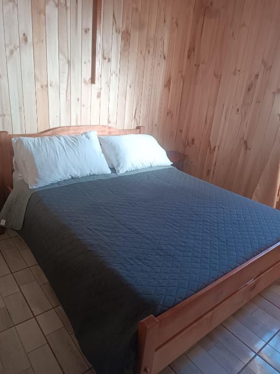 a bed in a room with a wooden wall at cabaña zoila ch in Coñaripe