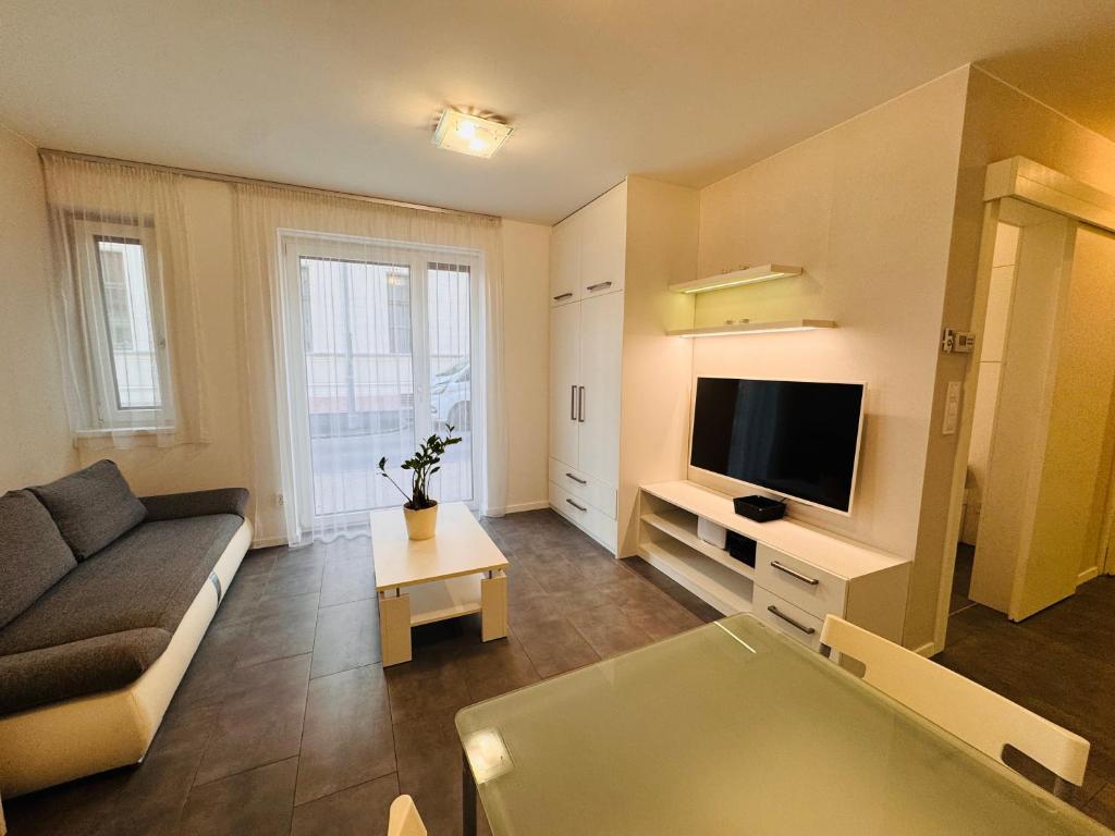 a living room with a couch and a flat screen tv at Central Seven Apartman - Free Parking in Győr