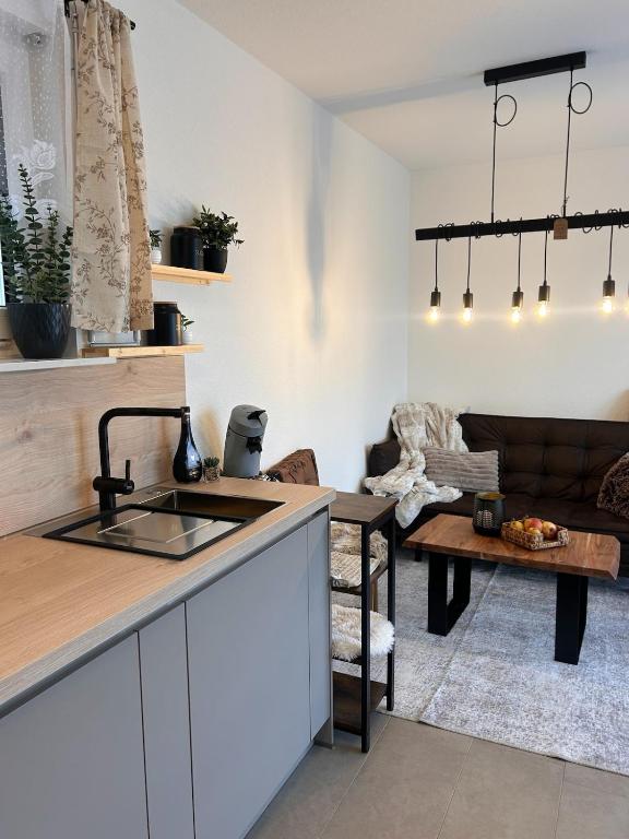 a kitchen and living room with a sink and a table at Gemütlicher Bungalow bei Aalen,Abtsgmünd in Abtsgmünd