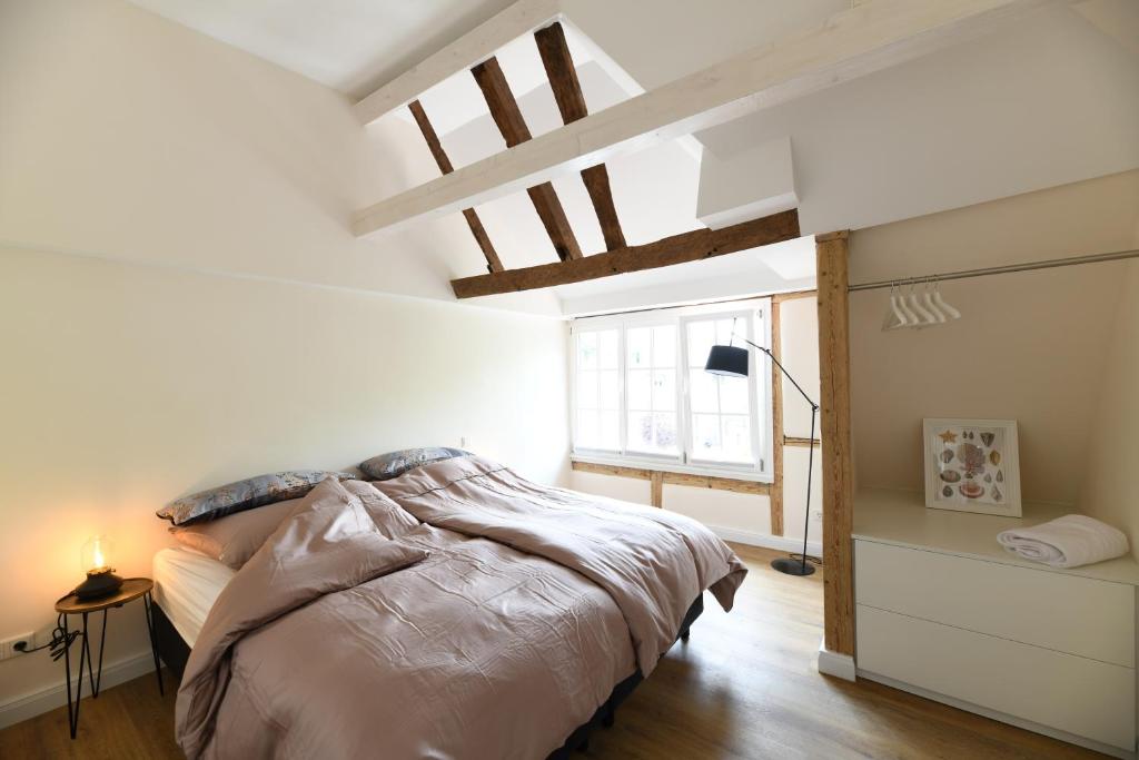 a bedroom with a bed in a white room at Ferienwohnung Heppenheim mit Hund- Wohnung "Odenwald" mit 2 Schlafzimmern- Das schiefe Haus in Heppenheim an der Bergstrasse