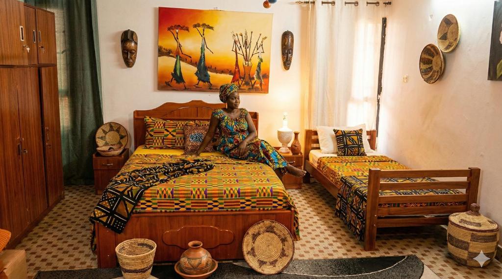 a bedroom with a woman sitting on a bed at Village Tenko in Ouagadougou