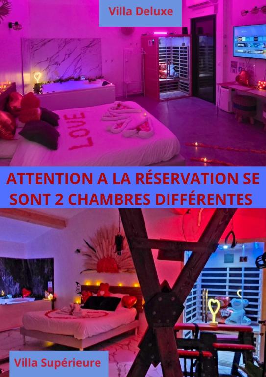 a collage of two pictures of a room with pink lighting at Maisons Plaisir & Pulsion Spa Sauna Privé in Allauch