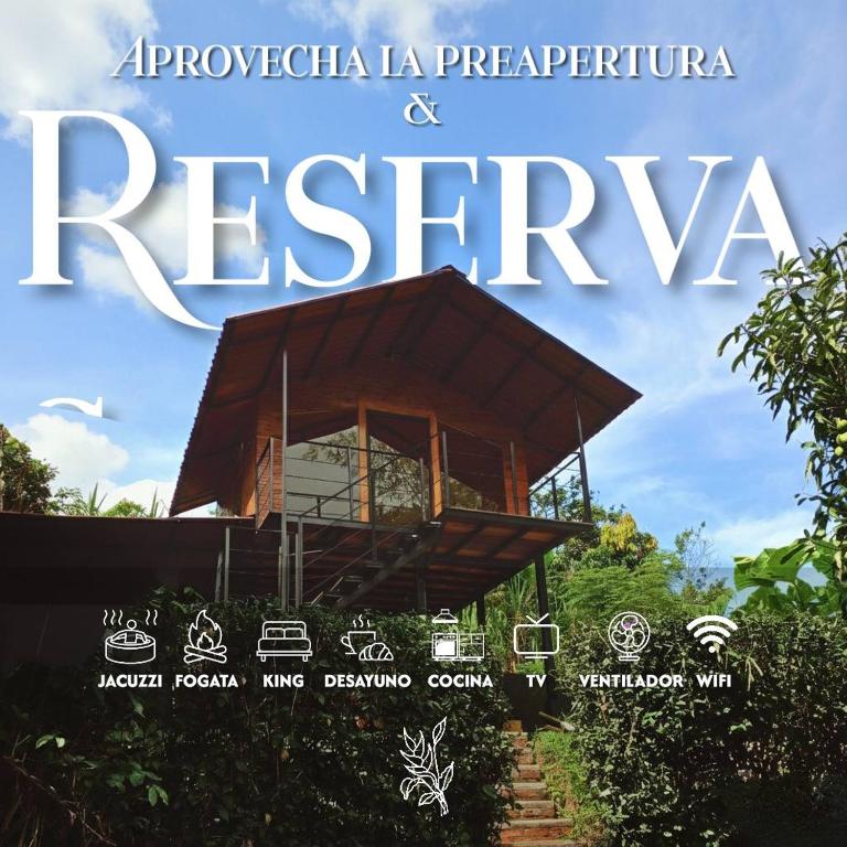 a poster for a resort in a forest with a house at Glamping villeta campo heliconias in Villeta