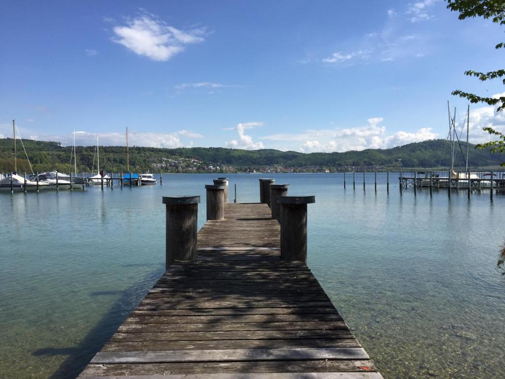 a dock on a lake with boats in the water at Ferienresidenz Seegarten Andrea - Seezugang und Schwimmbad in Bodman-Ludwigshafen