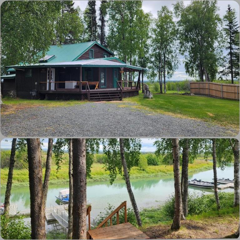two photographs of a house and a lake at Beaver Creek Hideaway in Kenai