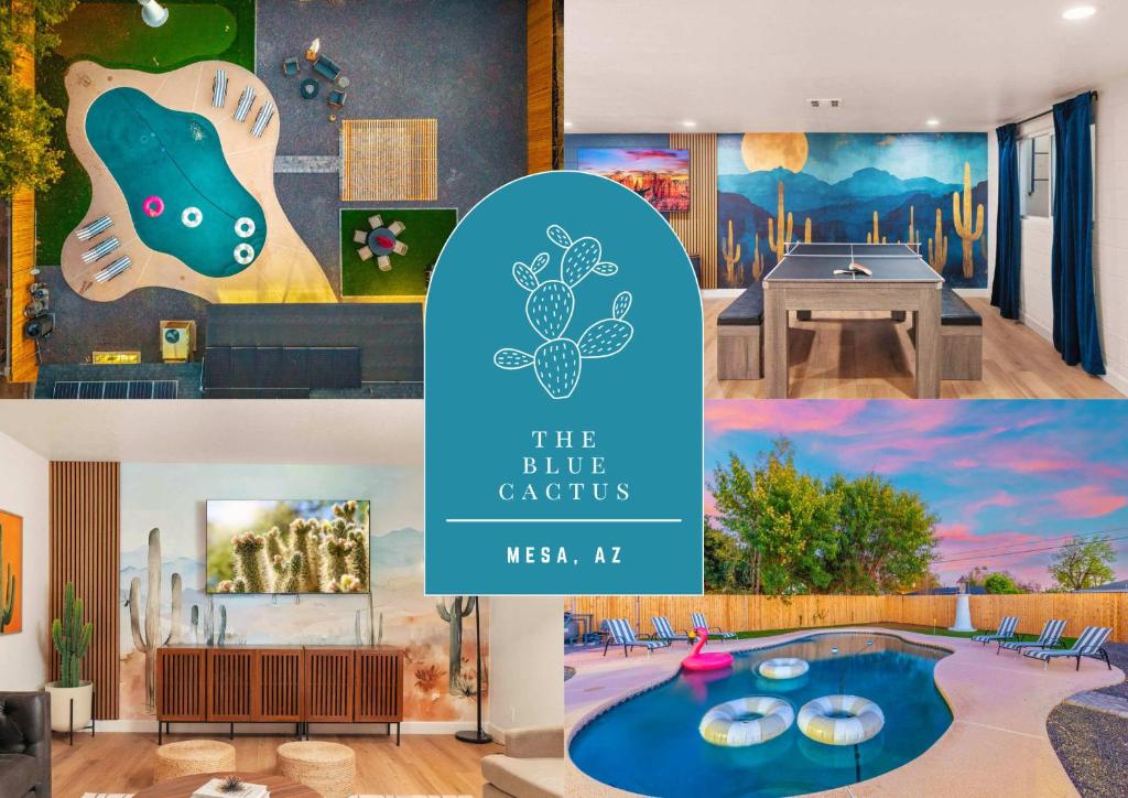 a collage of pictures of a villa with a sign at Mesa Oasis - Pool - Game Room - Fire Pit in Mesa