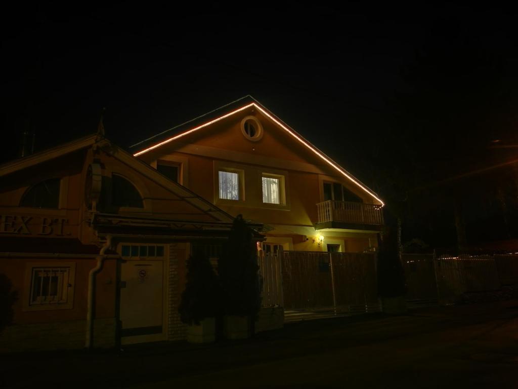 a house with a light on the side of it at night at Apartment Patr&iacute;cia with garden in Budapest