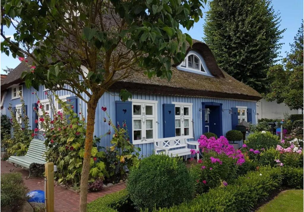 a blue and white house with flowers in the yard at Alte Boddenkate in Born