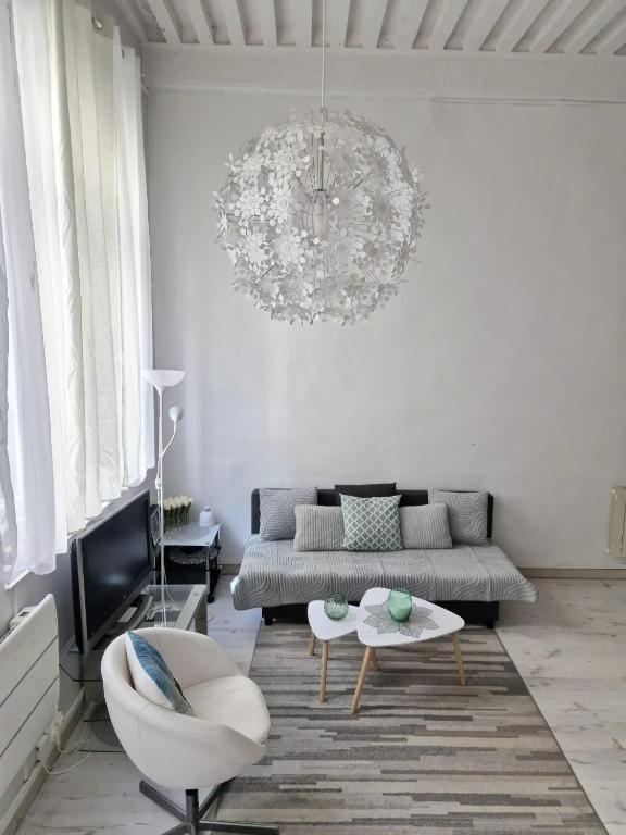 a living room with a couch and a chandelier at Le Canut Duviard - proche métro Croix-Rousse in Lyon