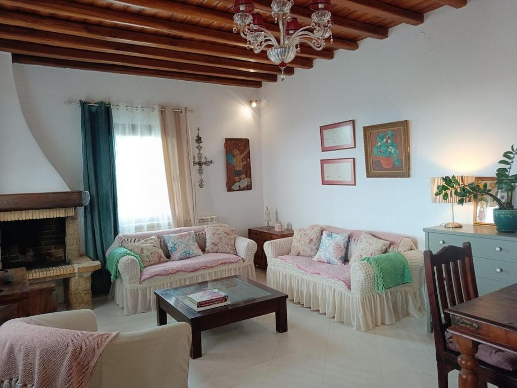 a living room with two couches and a table at Villa Rahes Kofini in Mykonos