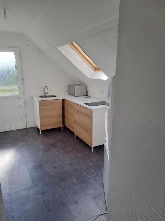 a small kitchen with a sink and a stove at Studio avec vu sur le Loir in La Flèche