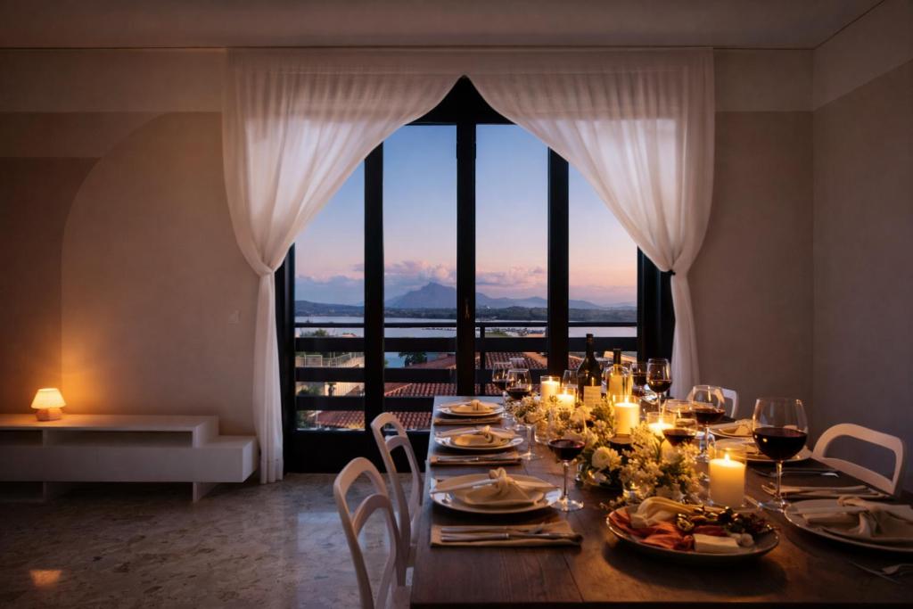 a dining room with a table with a view at Villa 70 in Peschiera del Garda