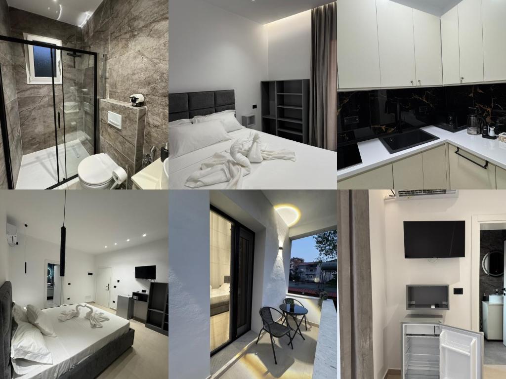 a collage of photos of a bedroom and a bathroom at Villa Giovanni in Durrës