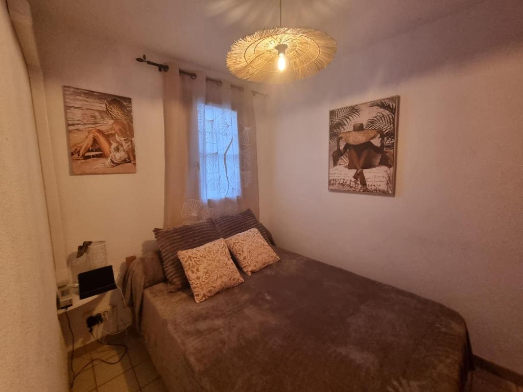 a bedroom with a bed and a chandelier at Le TERMINUS in Saint-Cyprien-Plage