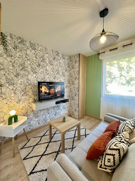 a living room with a couch and a tv at Le Nid du Petit-Quevilly in Le Petit-Quevilly