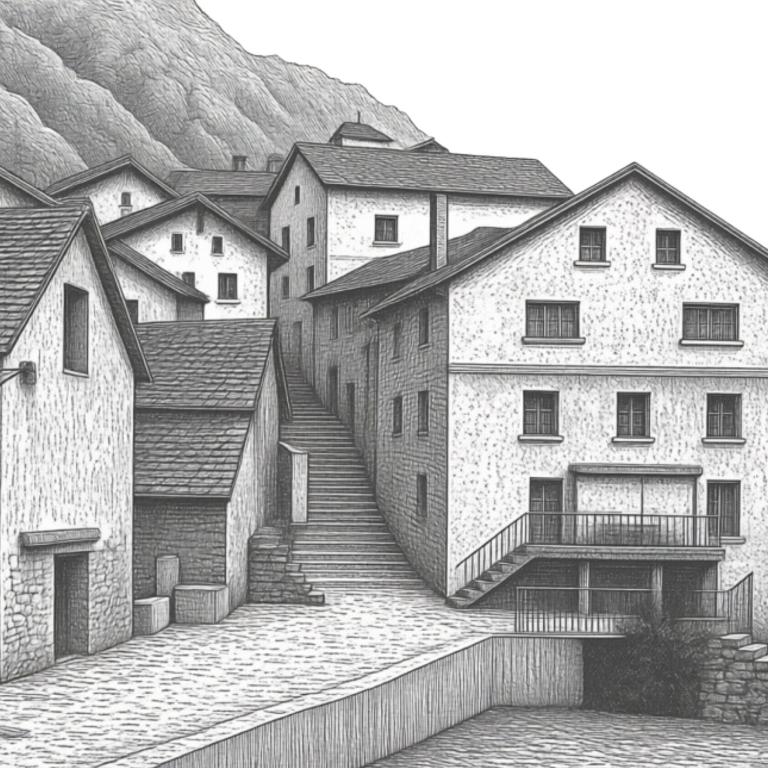 eine Schwarz-Weiß-Zeichnung einer Stadt mit Gebäuden in der Unterkunft Dorfhotel Simplon Dorf in Simplon Dorf