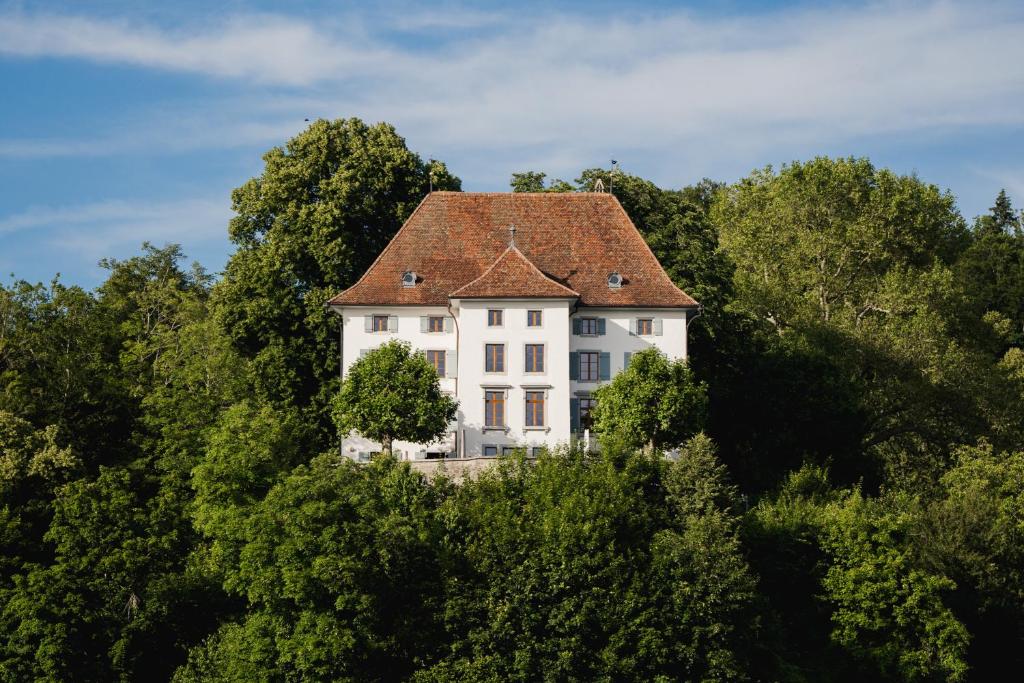 a white house in the middle of trees at Hotel Schloss Rued - Boutique Hideaway in Schlossrued