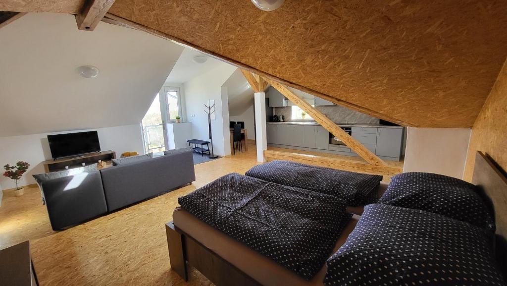 a living room with a couch and a tv at Apartmán u kolejí D in Kašnice