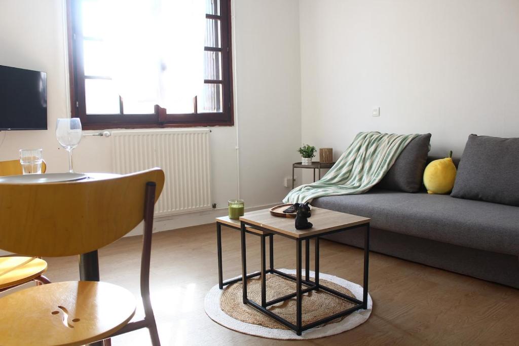 a living room with a couch and a table at Résidence du Loir - Le Petit Loft in Vendôme