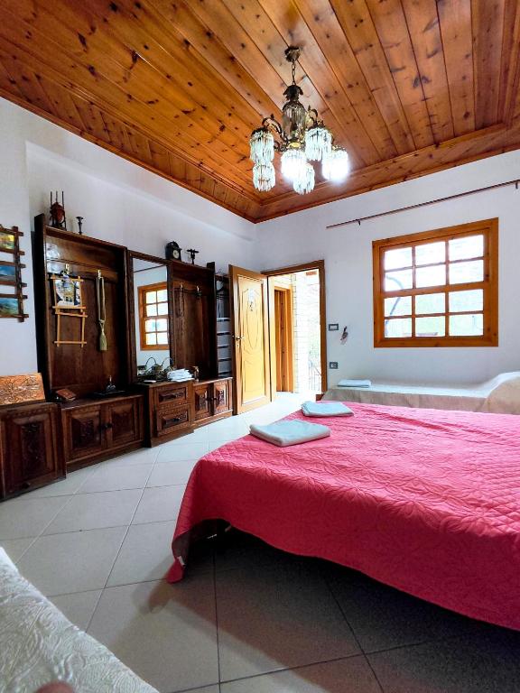 a large bedroom with a large bed and a bathroom at LATE Nature House Gjirokaster in Gjirokastër