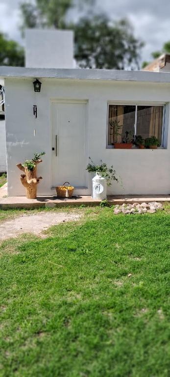 a white house with two potted plants in front of it at Lo de Ine in La Cumbre