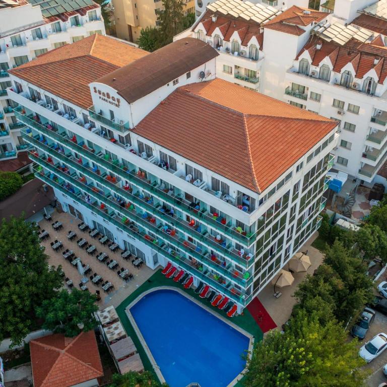 an overhead view of a hotel with a swimming pool at Sunbay Park Hotel in Marmaris