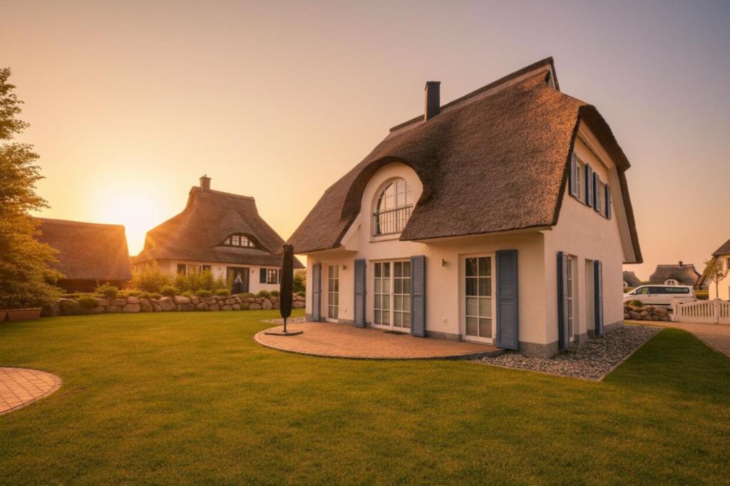 a large white house with a grass yard at Ferienhaus Dwarslöper mit Sauna und Garten in Fuhlendorf in Fuhlendorf