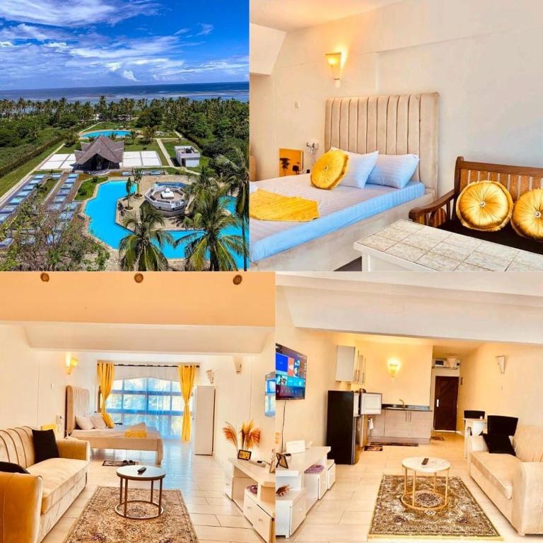 a collage of three pictures of a hotel room at Bstan Deluxe Beachfront in Diani Beach