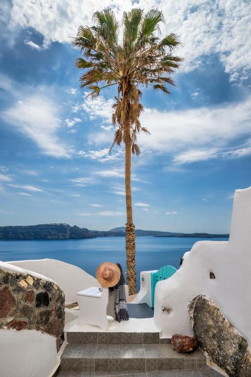 a view of a palm tree and the water at HIDEAWAY CAVE HOUSE in Oia