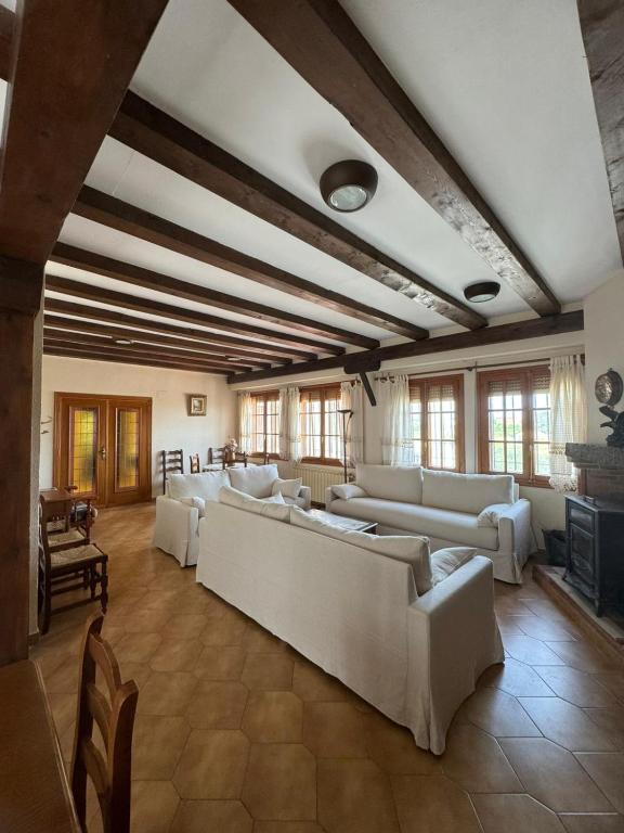 a large living room with couches and a fireplace at FINCA EL OLIVAR Casa Rural in Los Corrales