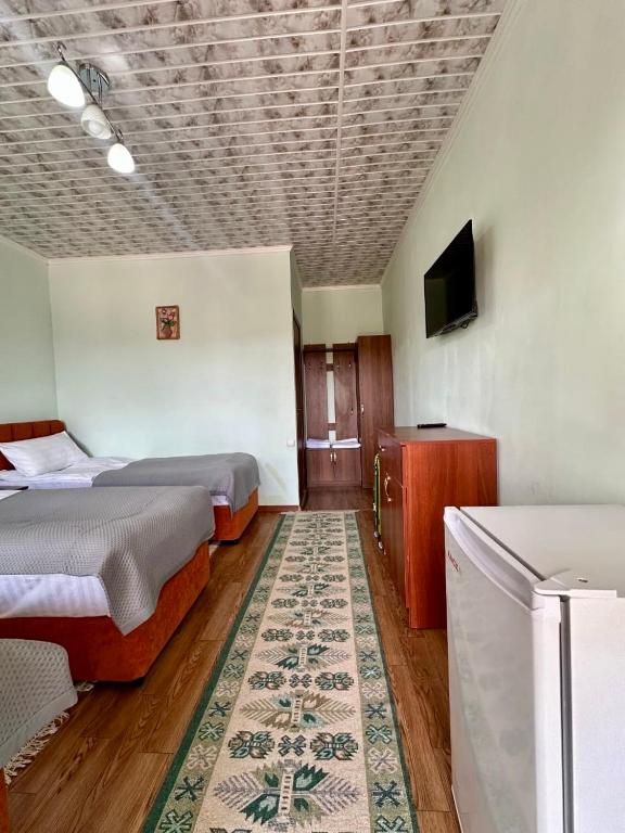 a bedroom with two beds and a television and a rug at AltynAi Guest House in Cholpon-Ata