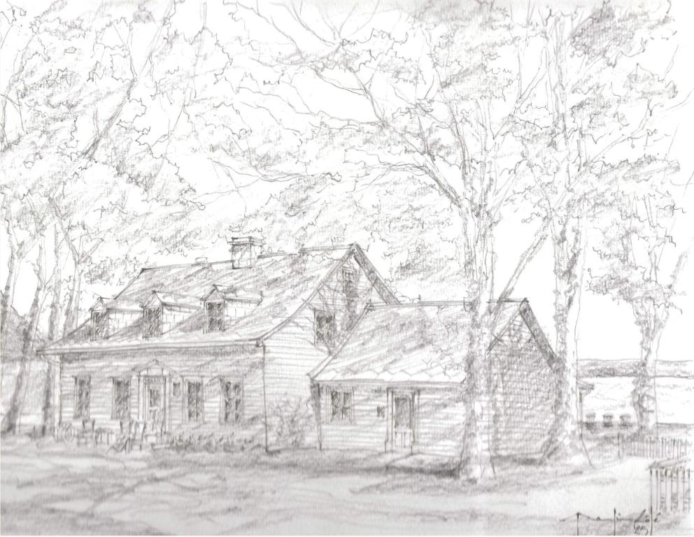 a pencil drawing of a house at Auberge Les Blancs Moutons in Saint-Laurent-de-l'ile d'Orleans