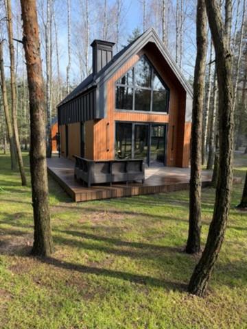 a house in the middle of a field with trees at Cieniówka, dom w lesie, Kije in Kije