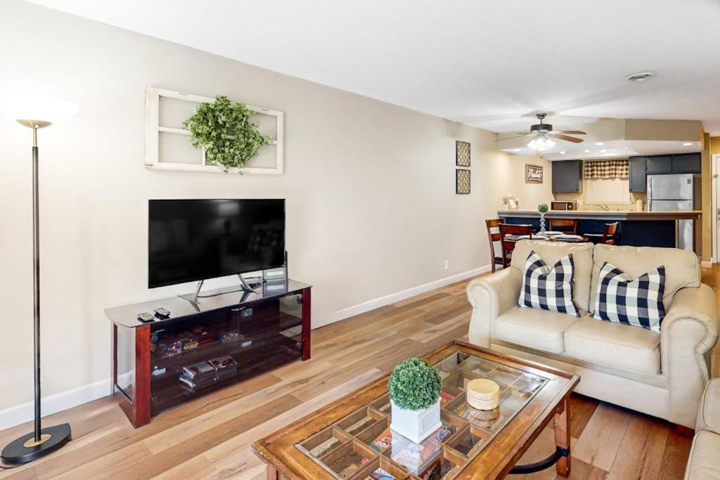 a living room with a couch and a tv and a table at Overlook Retreat, Apt. 3 in Branson