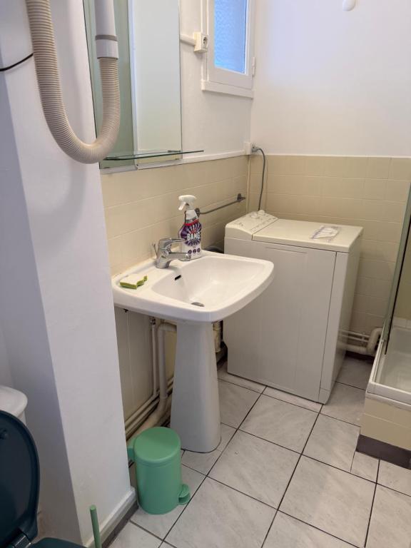 a bathroom with a sink and a washing machine at Studio Horizon in Palavas-les-Flots