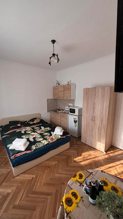 a living room with a bed and a kitchen with a kitchen at Apartman Ládi in Veľký Meder