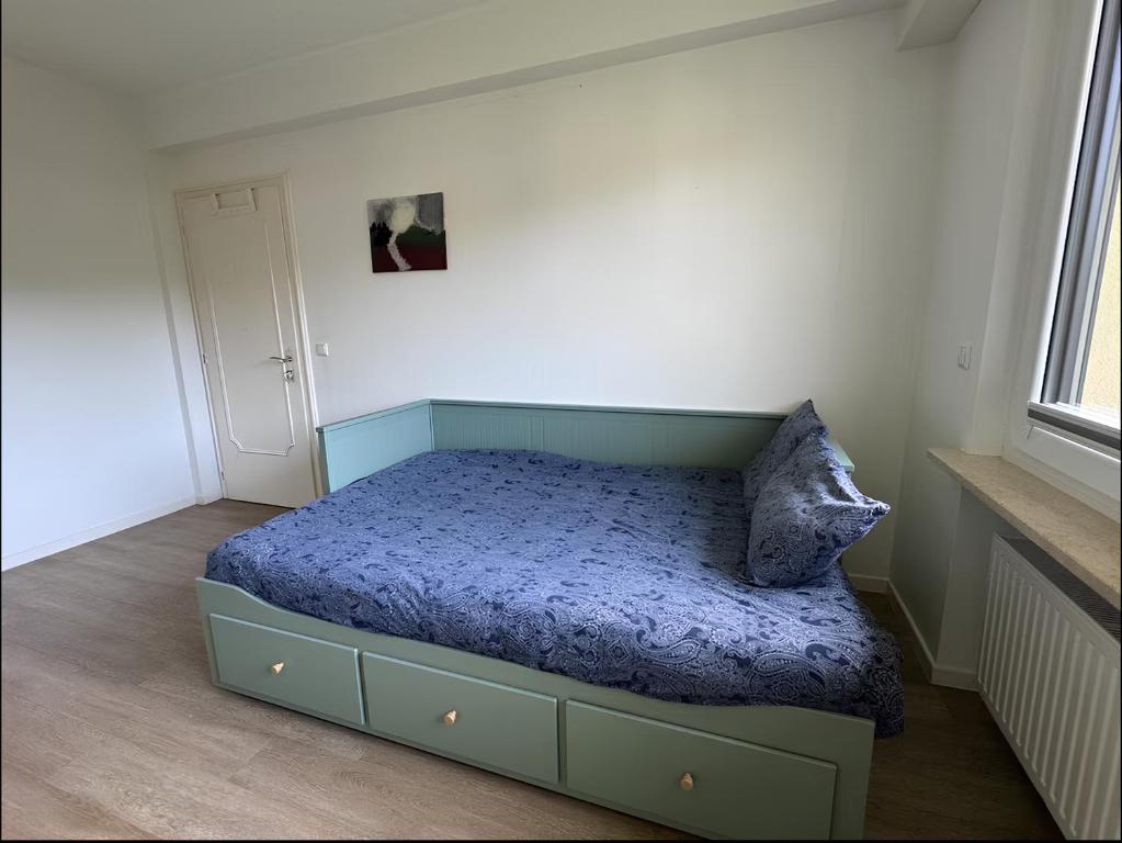 a bedroom with a bed with a blue comforter and a window at Cocon Élégant in Ettelbruck