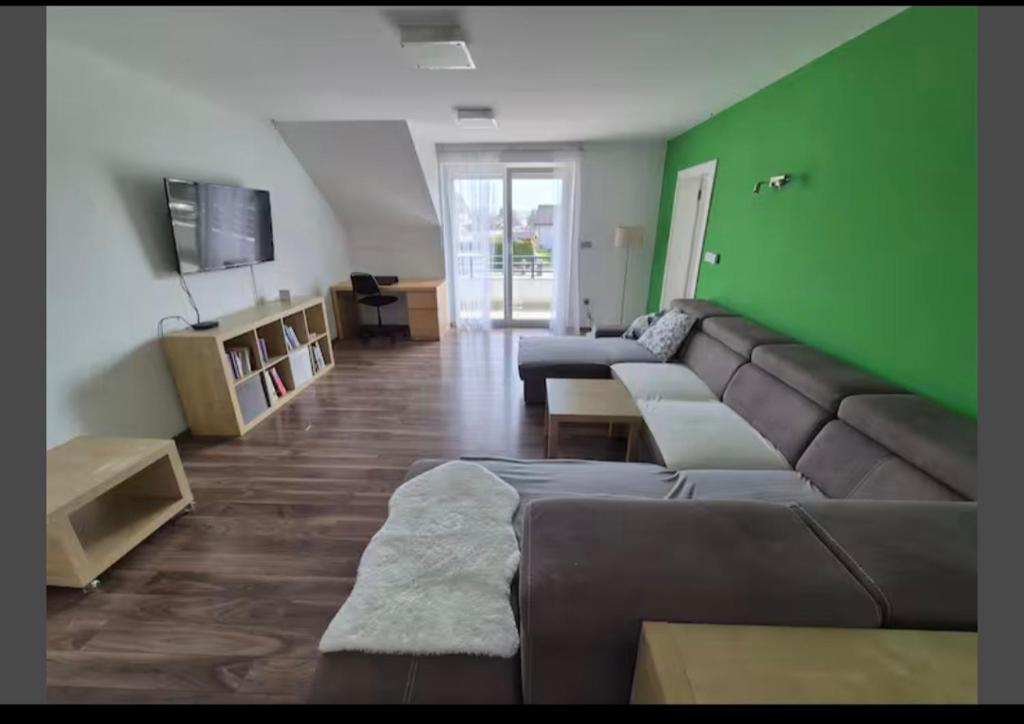 a living room with a couch and a green wall at Apartma pri lovcu in Trzin